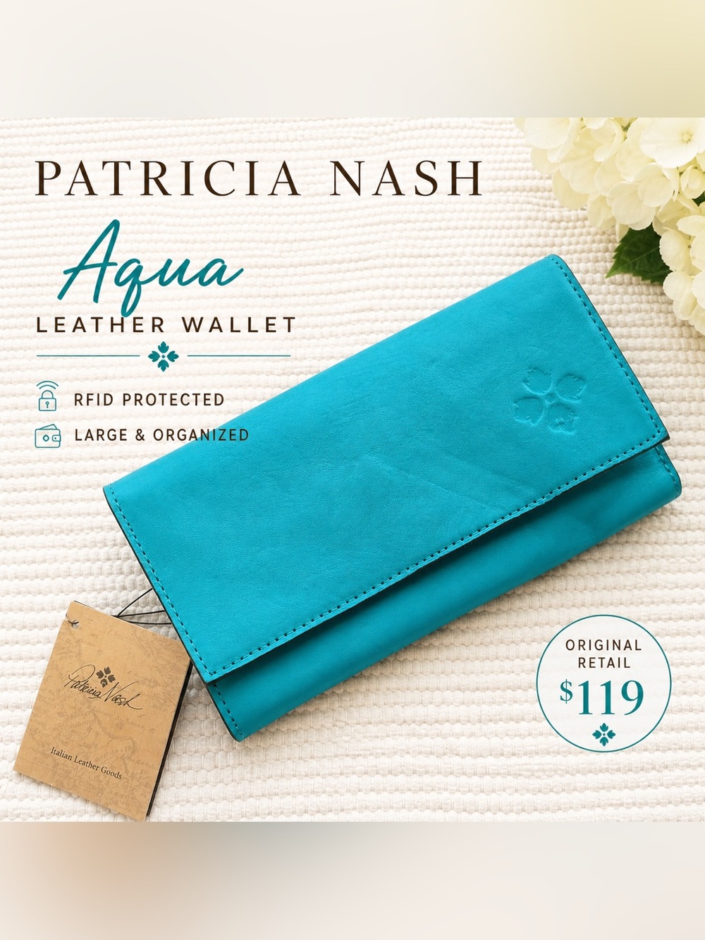 Patricia Nash Aqua Leather Wallet RFID Large Clutch Organizer